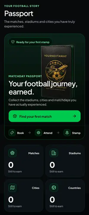 Current YourNextAway Football Passport interface